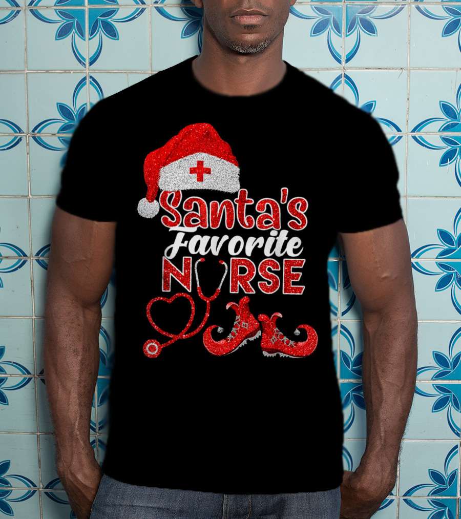 Santa's Favorite Nurse Heart Stethoscope Elf Shoes Merry Xmas Party T-Shirt