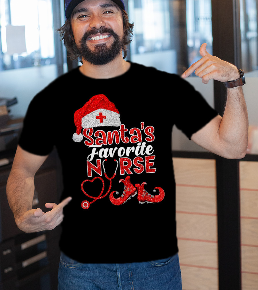 Santa's Favorite Nurse Heart Stethoscope Elf Shoes Merry Xmas Party T-Shirt