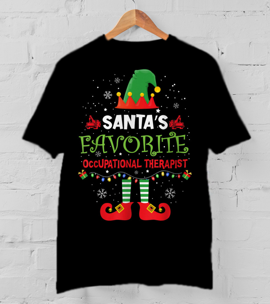 Santa's Favorite Occupational Therapist Merry Christmas Elf Hat Lights Snowflakes T-Shirt