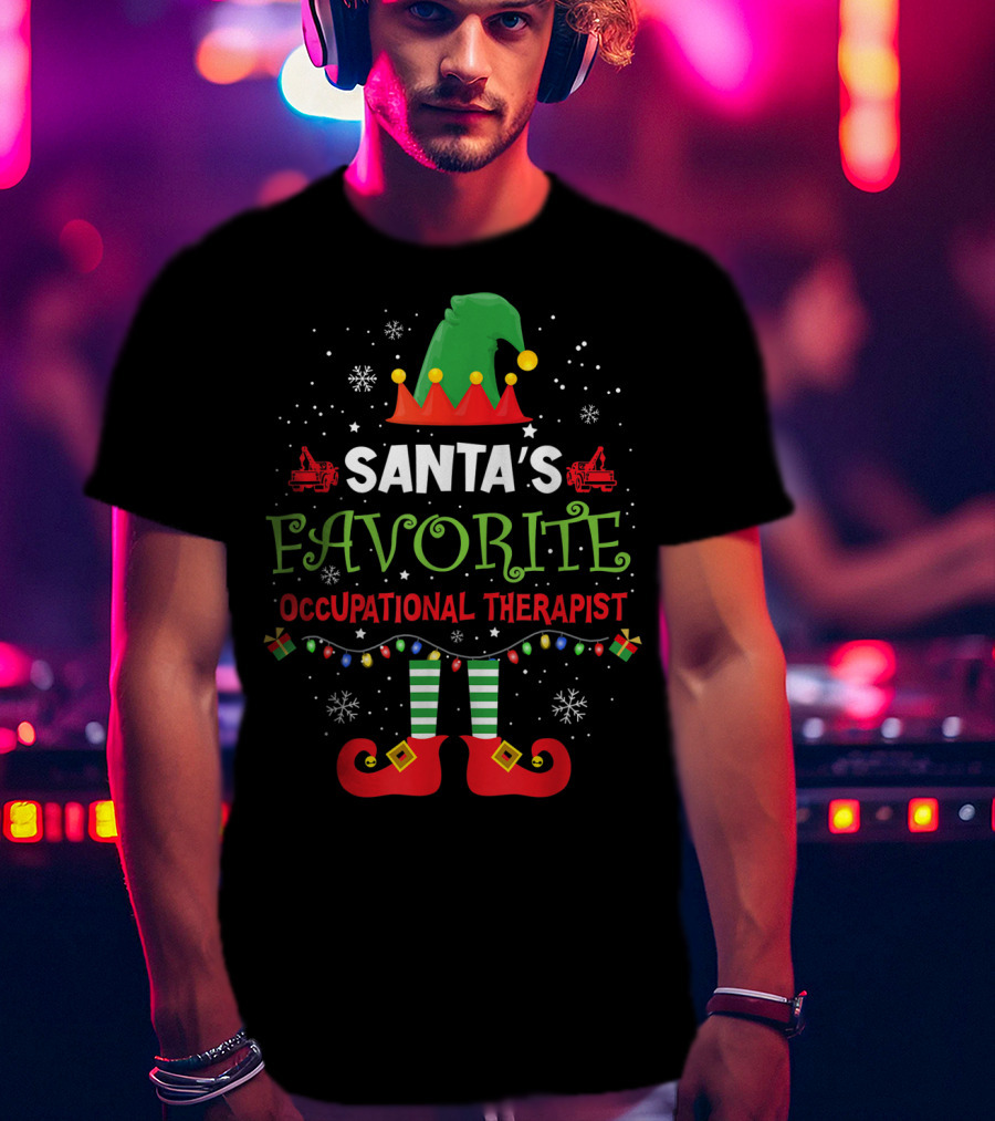 Santa's Favorite Occupational Therapist Merry Christmas Elf Hat Lights Snowflakes T-Shirt