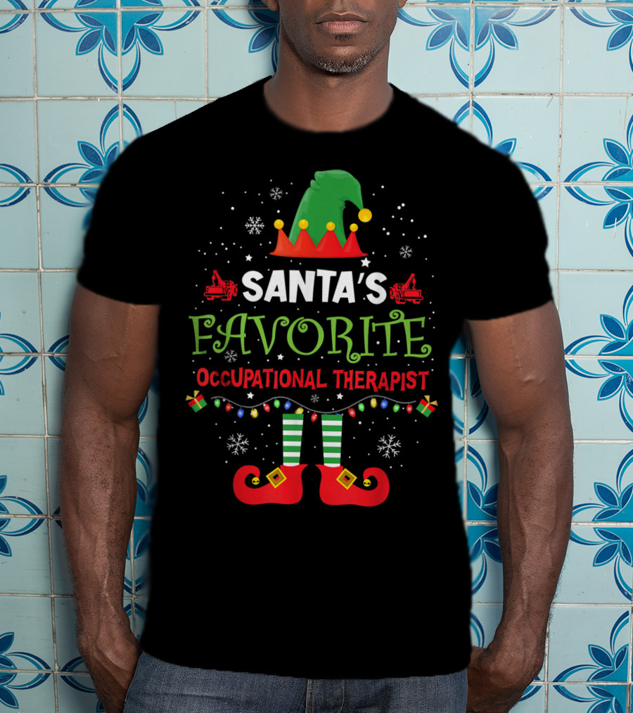 Santa's Favorite Occupational Therapist Merry Christmas Elf Hat Lights Snowflakes T-Shirt