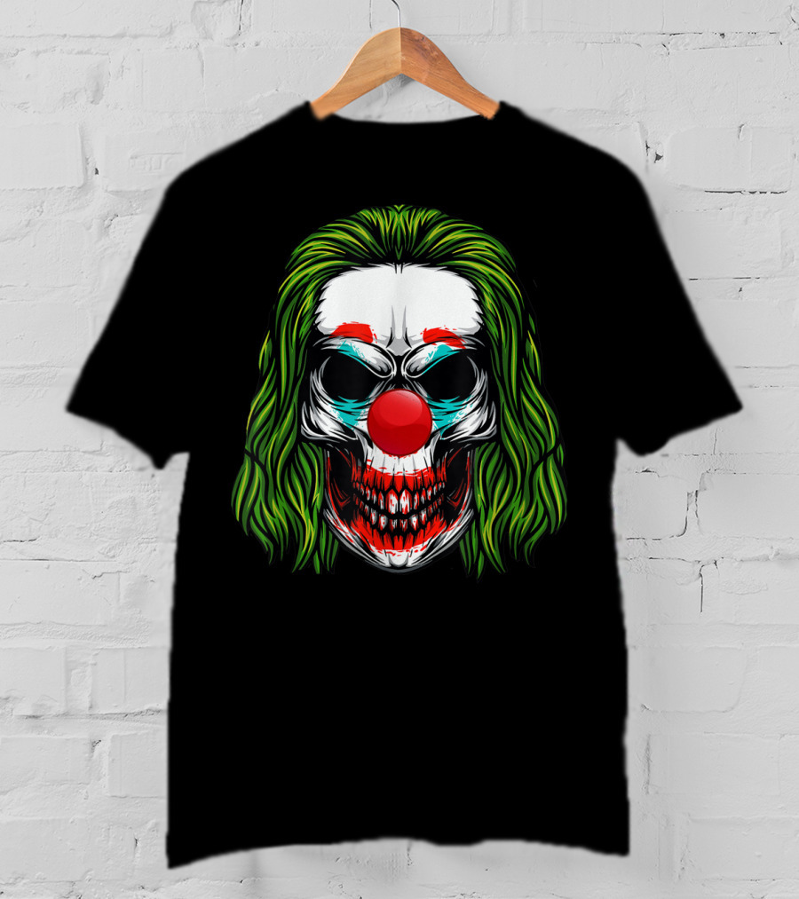 Scary Clown Skull Horror With Green Hair And Red Nose T-Shirt