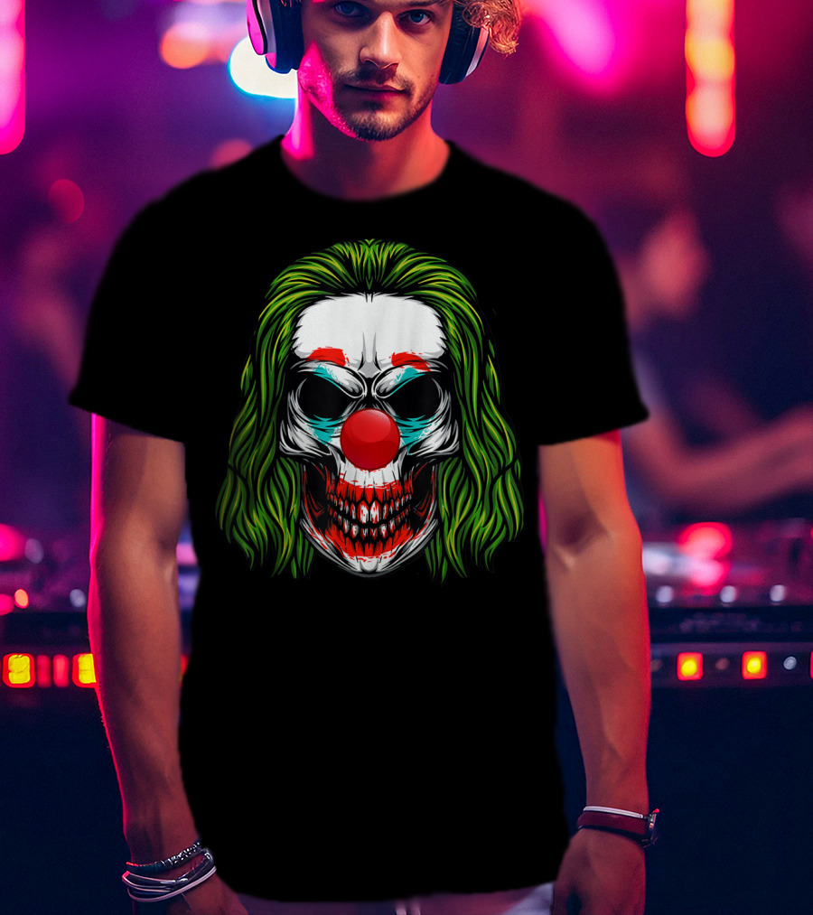 Scary Clown Skull Horror With Green Hair And Red Nose T-Shirt