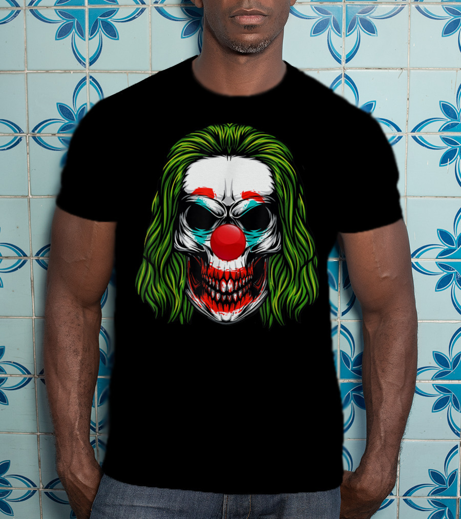 Scary Clown Skull Horror With Green Hair And Red Nose T-Shirt
