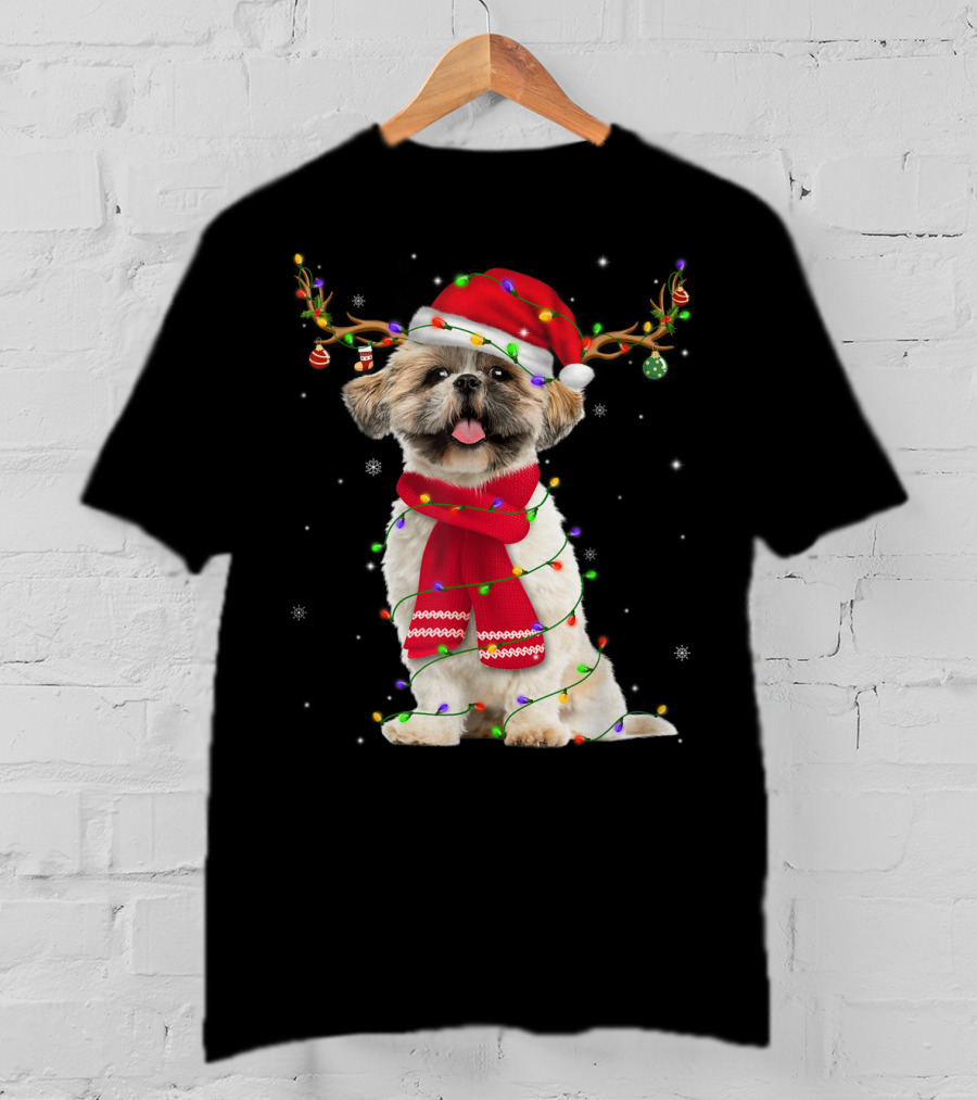 Shih Tzu Christmas Reindeer Antlers Red Scarf Santa Hat Festive Lights T-Shirt
