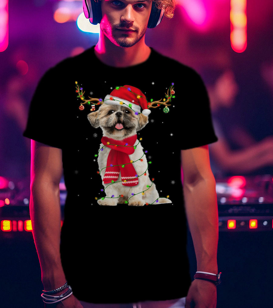 Shih Tzu Christmas Reindeer Antlers Red Scarf Santa Hat Festive Lights T-Shirt