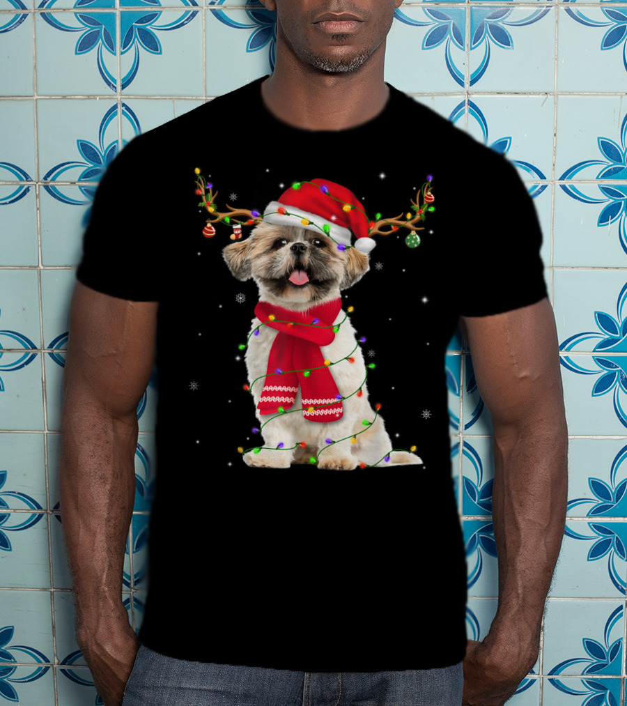 Shih Tzu Christmas Reindeer Antlers Red Scarf Santa Hat Festive Lights T-Shirt