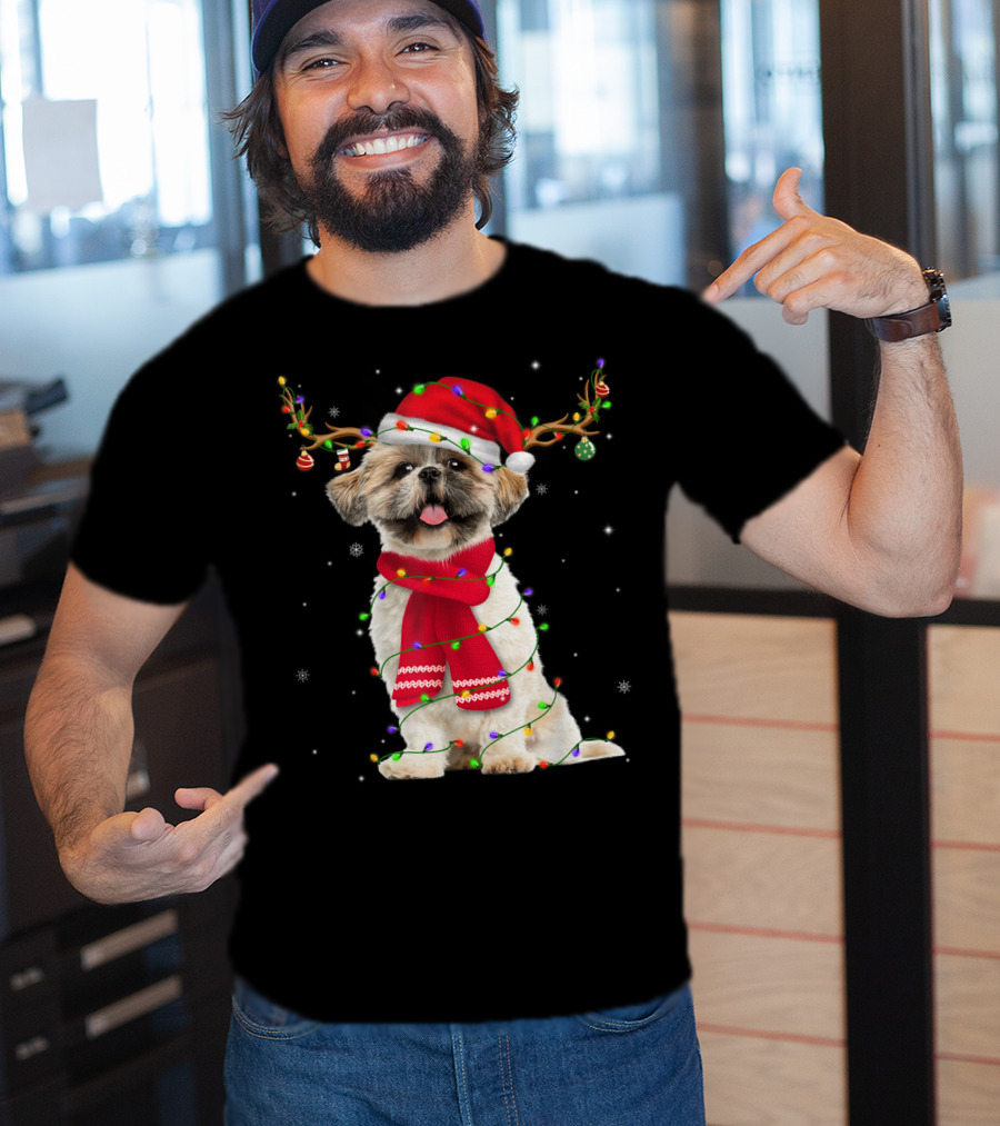 Shih Tzu Christmas Reindeer Antlers Red Scarf Santa Hat Festive Lights T-Shirt