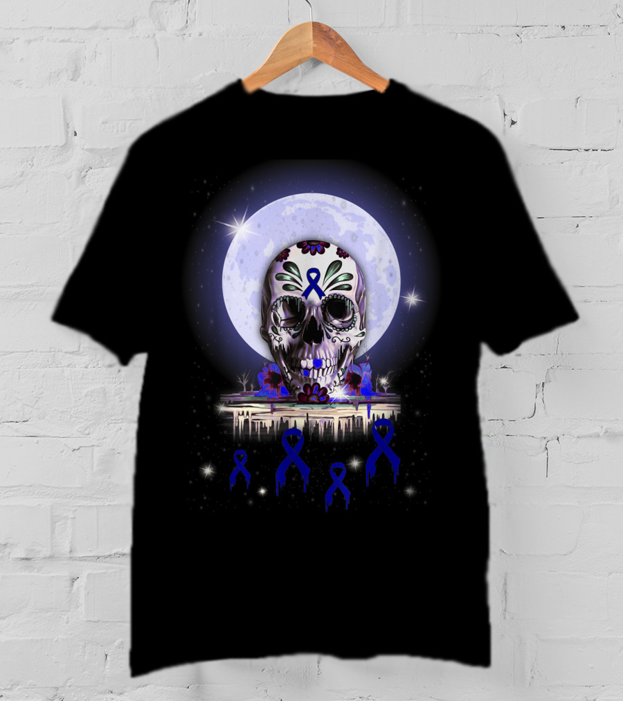 Skull With Floral Motifs And Blue Ribbon In Front Of Full Moon For Rectal Cancer Awareness T-Shirt