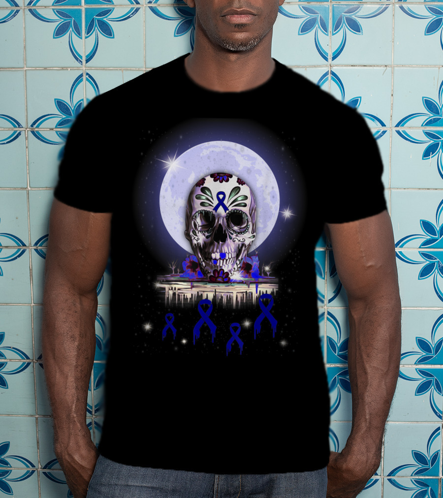 Skull With Floral Motifs And Blue Ribbon In Front Of Full Moon For Rectal Cancer Awareness T-Shirt