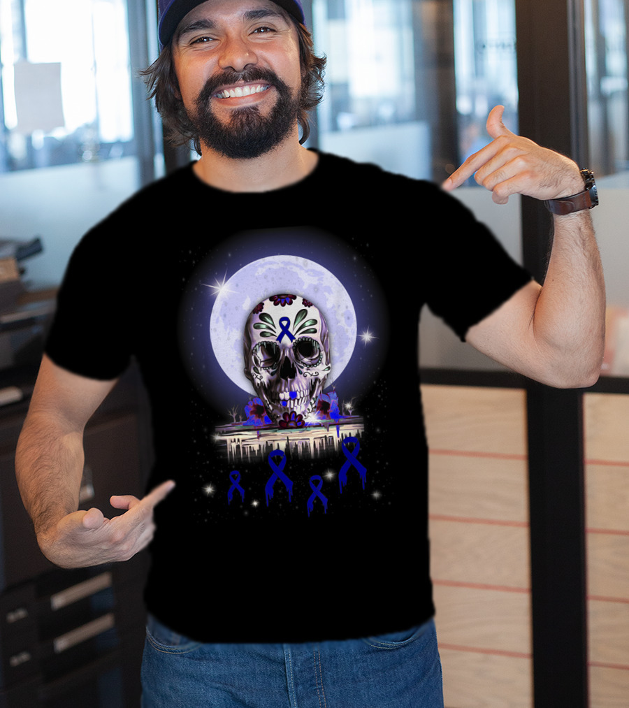 Skull With Floral Motifs And Blue Ribbon In Front Of Full Moon For Rectal Cancer Awareness T-Shirt