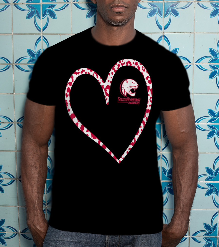 South Alabama Jaguars Leopard Print Heart T-Shirt