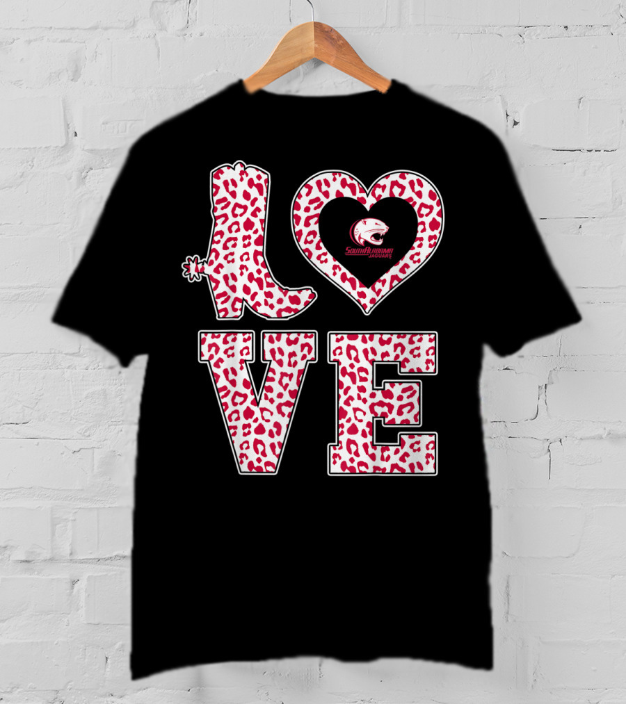 South Alabama Jaguars Leopard Print Love Logo Graduation T-Shirt