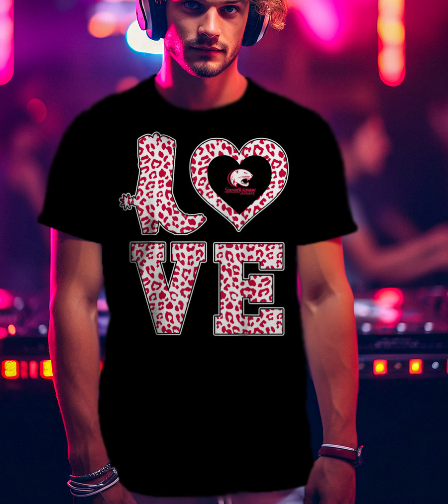 South Alabama Jaguars Leopard Print Love Logo Graduation T-Shirt