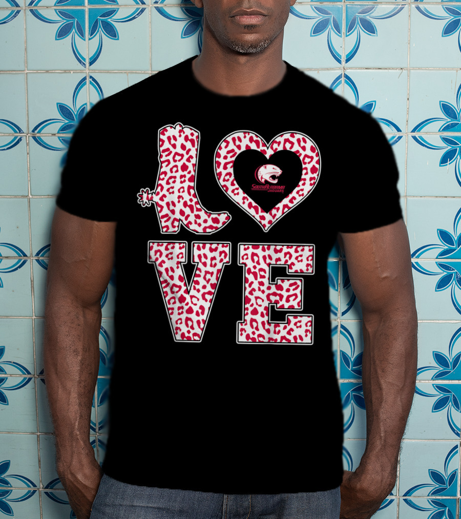 South Alabama Jaguars Leopard Print Love Logo Graduation T-Shirt
