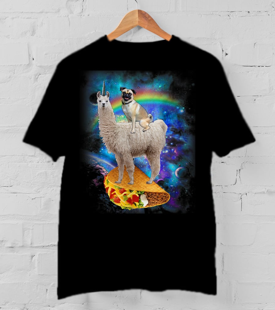 Space Pug On Llama With Taco In Galaxy Background T-Shirt