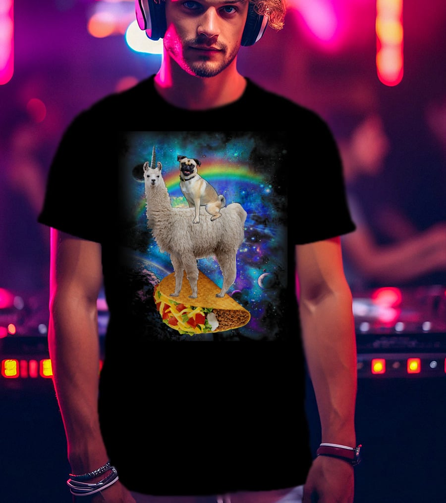 Space Pug On Llama With Taco In Galaxy Background T-Shirt