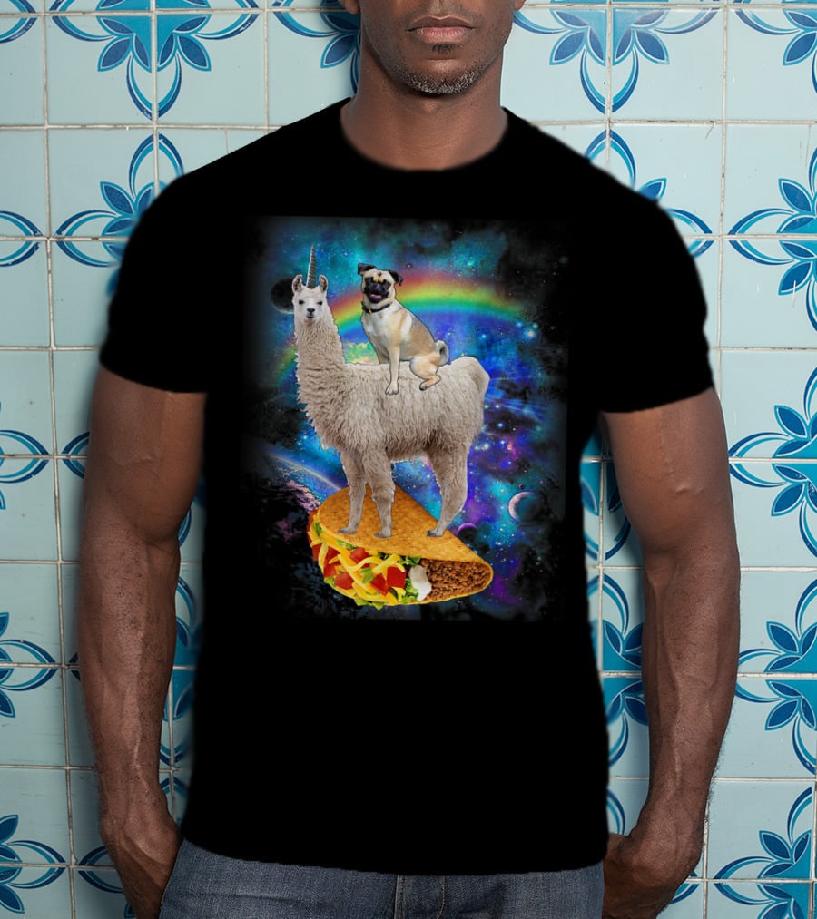 Space Pug On Llama With Taco In Galaxy Background T-Shirt