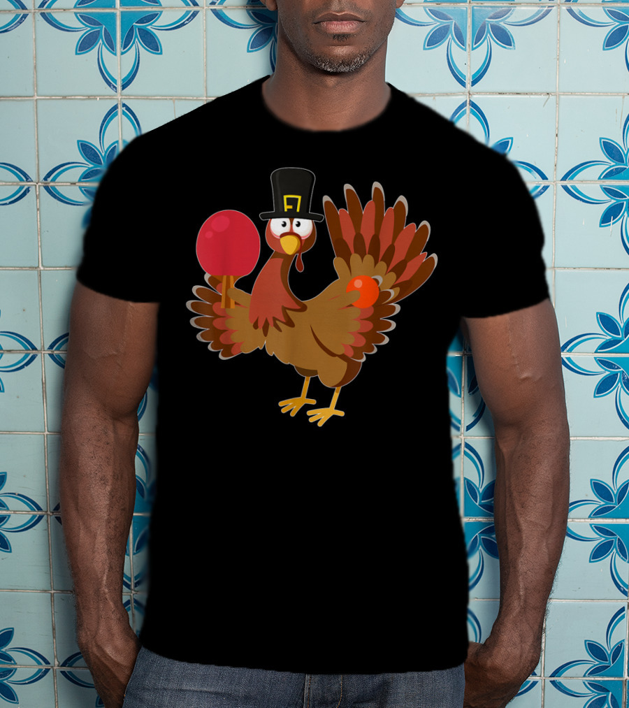 Thanksgiving Turkey Playing Ping Pong With Paddle And Pilgrim Hat T-Shirt