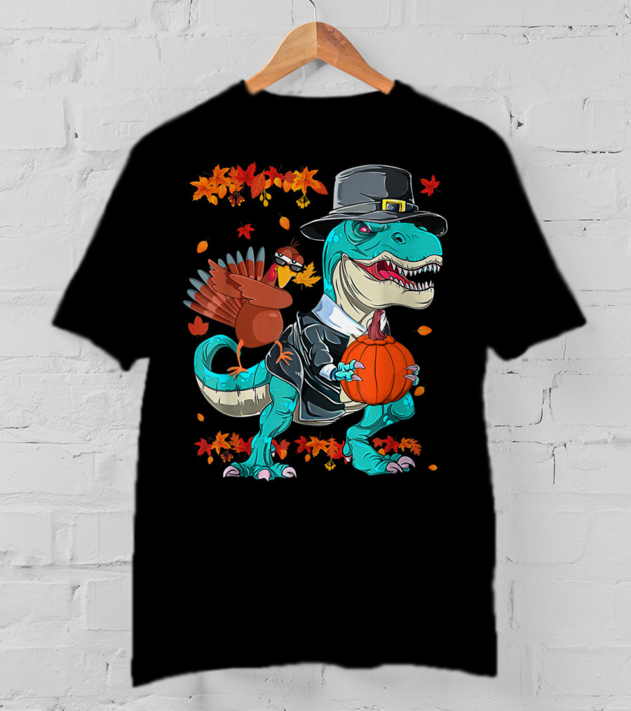 Thanksgiving Pilgrim T-Rex Dinosaur Dabbing Turkey With Pumpkin And Autumn Leaves T-Shirt