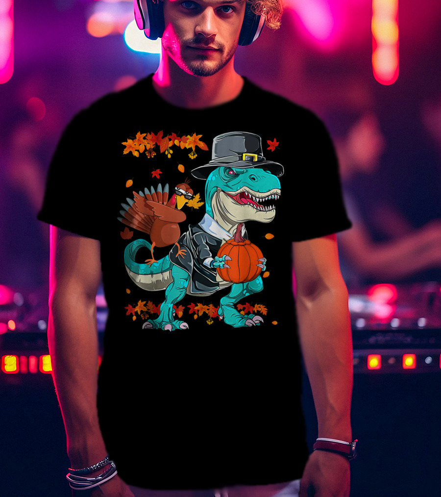 Thanksgiving Pilgrim T-Rex Dinosaur Dabbing Turkey With Pumpkin And Autumn Leaves T-Shirt