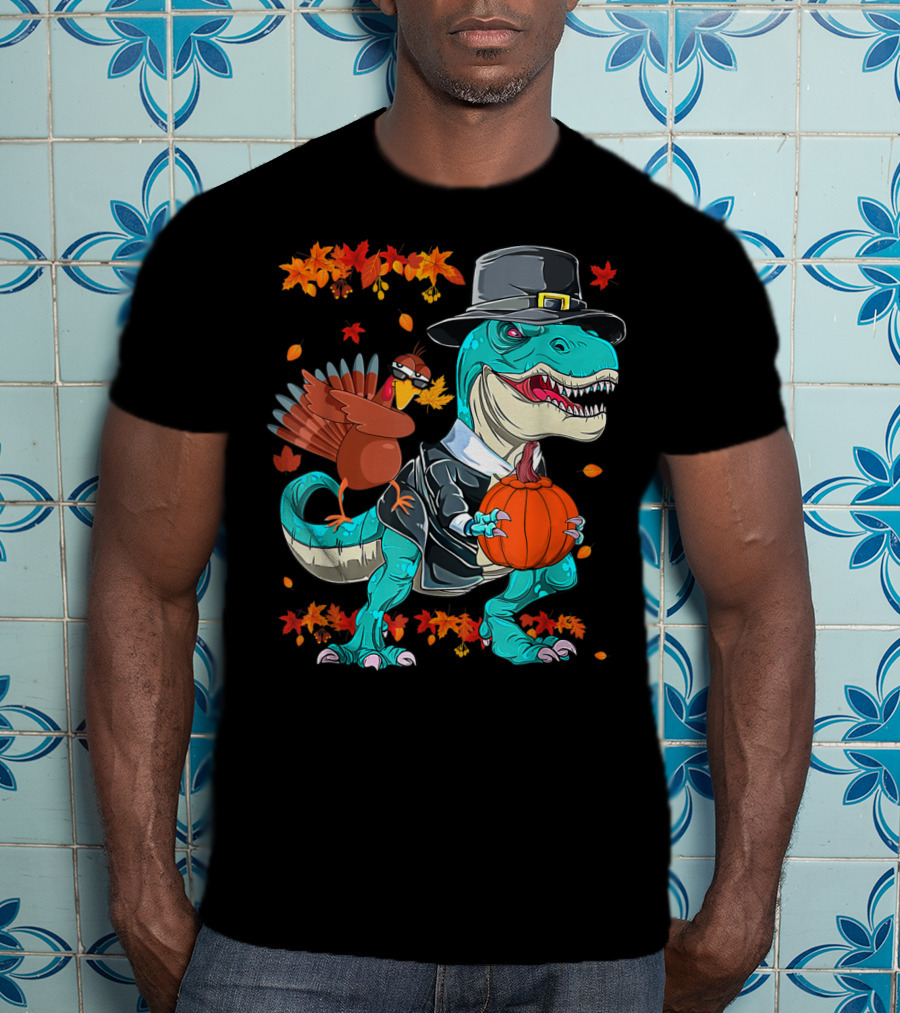 Thanksgiving Pilgrim T-Rex Dinosaur Dabbing Turkey With Pumpkin And Autumn Leaves T-Shirt