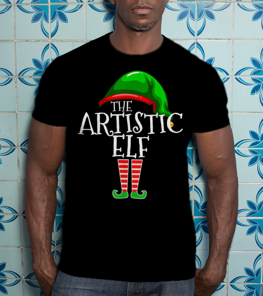 The Artistic Elf Green Hat Red Striped Socks T-Shirt