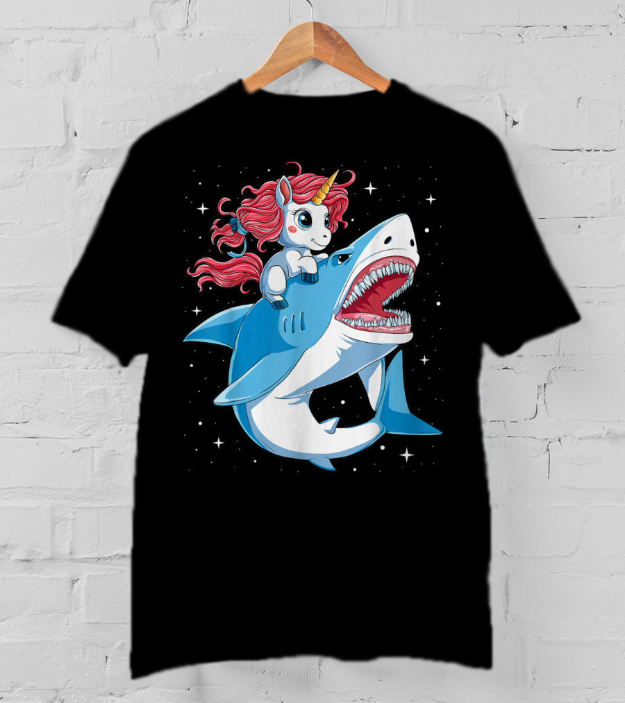 Unicorn Riding Shark In Space Galaxy Adventure T-Shirt