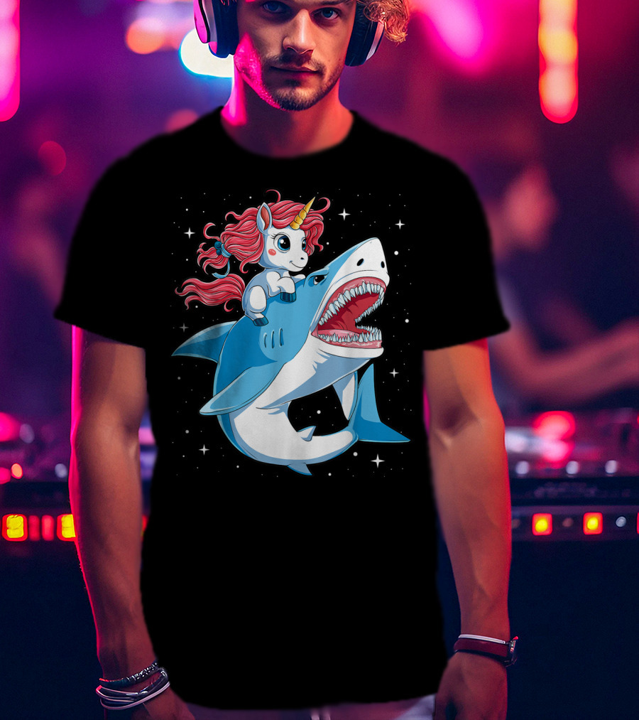Unicorn Riding Shark In Space Galaxy Adventure T-Shirt