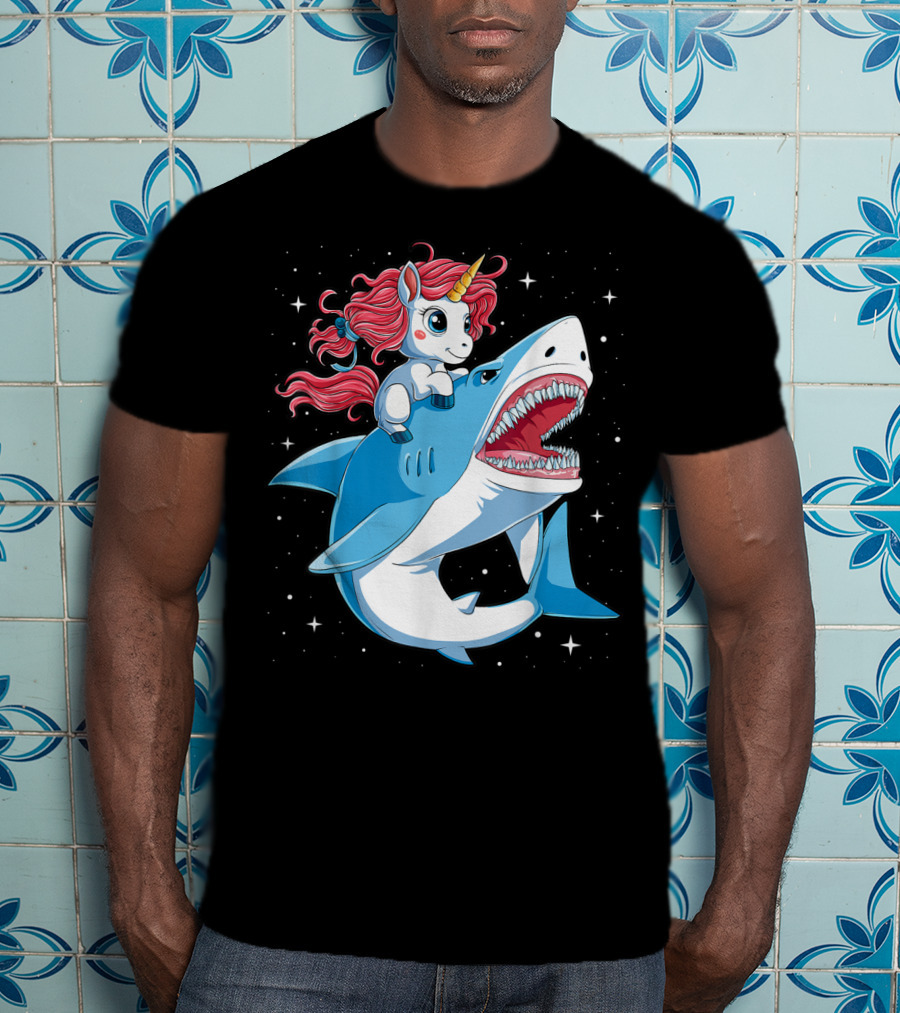 Unicorn Riding Shark In Space Galaxy Adventure T-Shirt