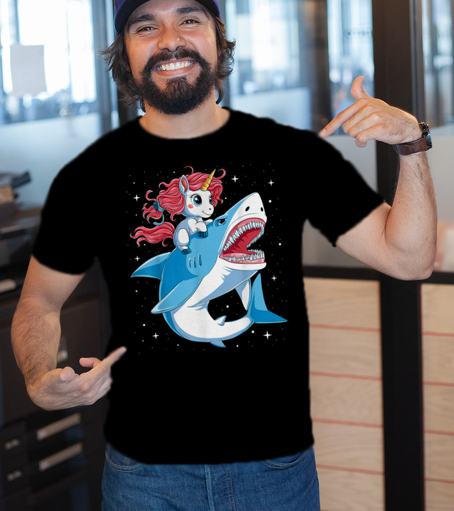 Unicorn Riding Shark In Space Galaxy Adventure T-Shirt