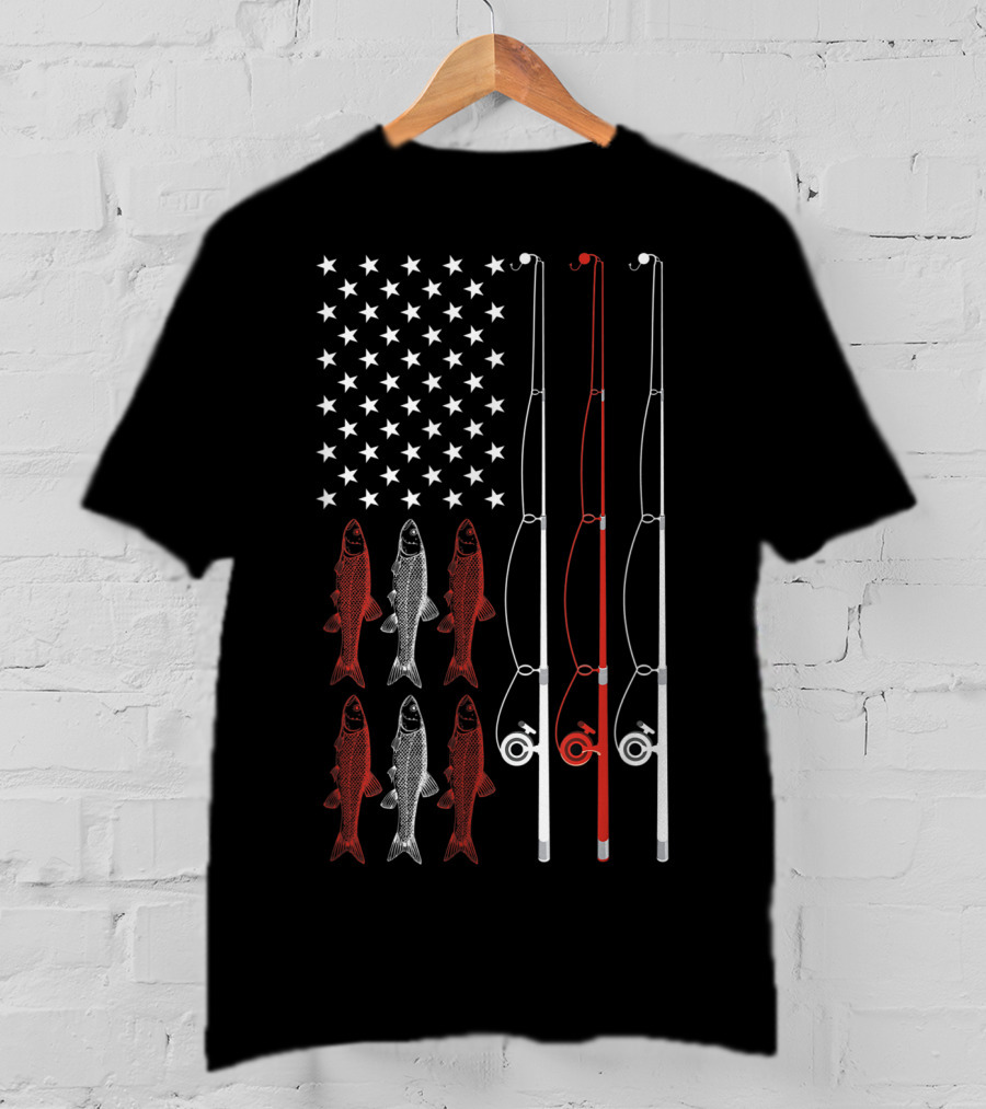 USA Flag Fishing Dad Grandpa Fish Poles Stars T-Shirt