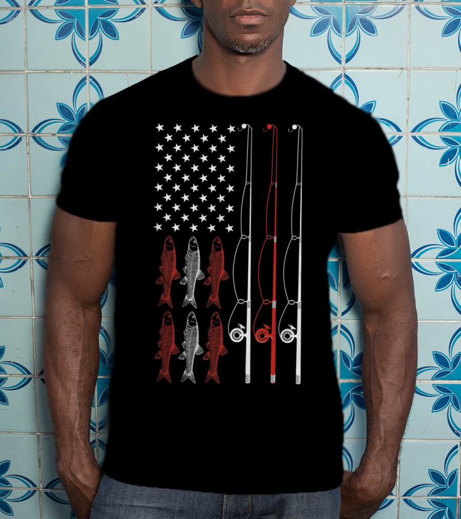 USA Flag Fishing Dad Grandpa Fish Poles Stars T-Shirt