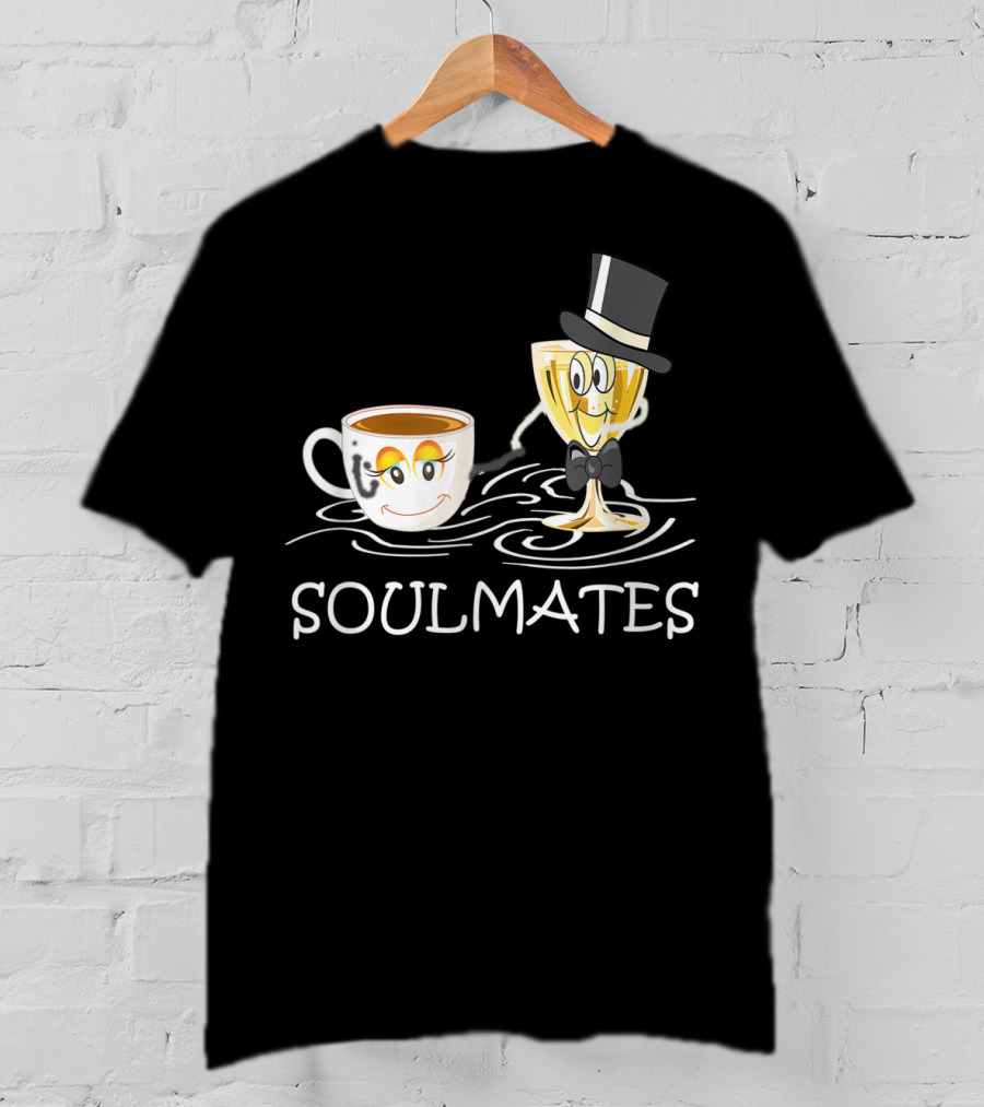 Funny Wine And Coffee Soulmates With Smiling Cup And Glass In Love T-Shirt