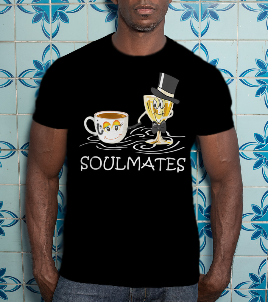 Funny Wine And Coffee Soulmates With Smiling Cup And Glass In Love T-Shirt