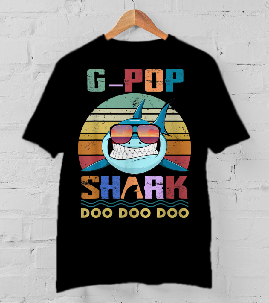 G Pop Shark Doo Doo Doo Retro Sunglasses Ocean Vintage Sunset T-Shirt