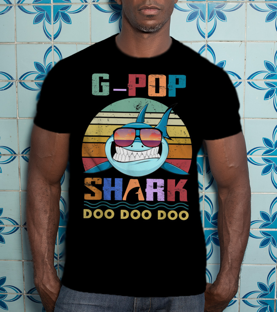 G Pop Shark Doo Doo Doo Retro Sunglasses Ocean Vintage Sunset T-Shirt