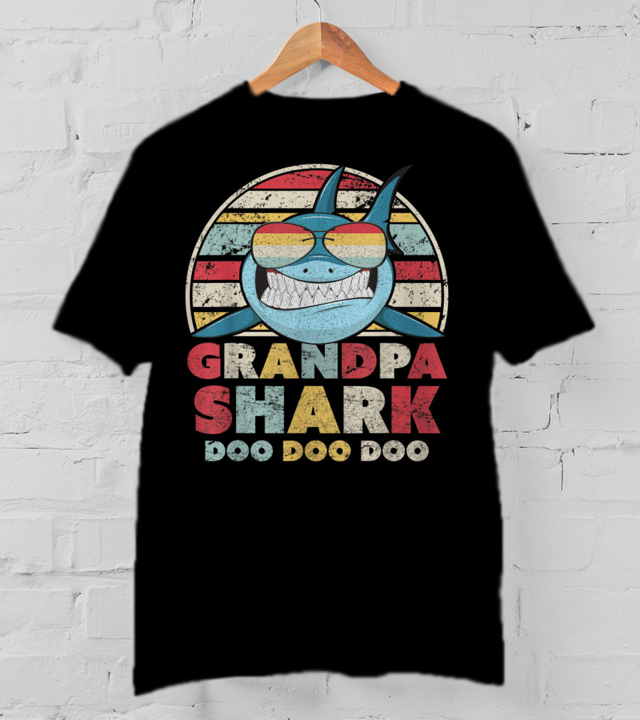 Grandpa Shark Doo Doo Doo Retro Sunglasses Stripes T-Shirt