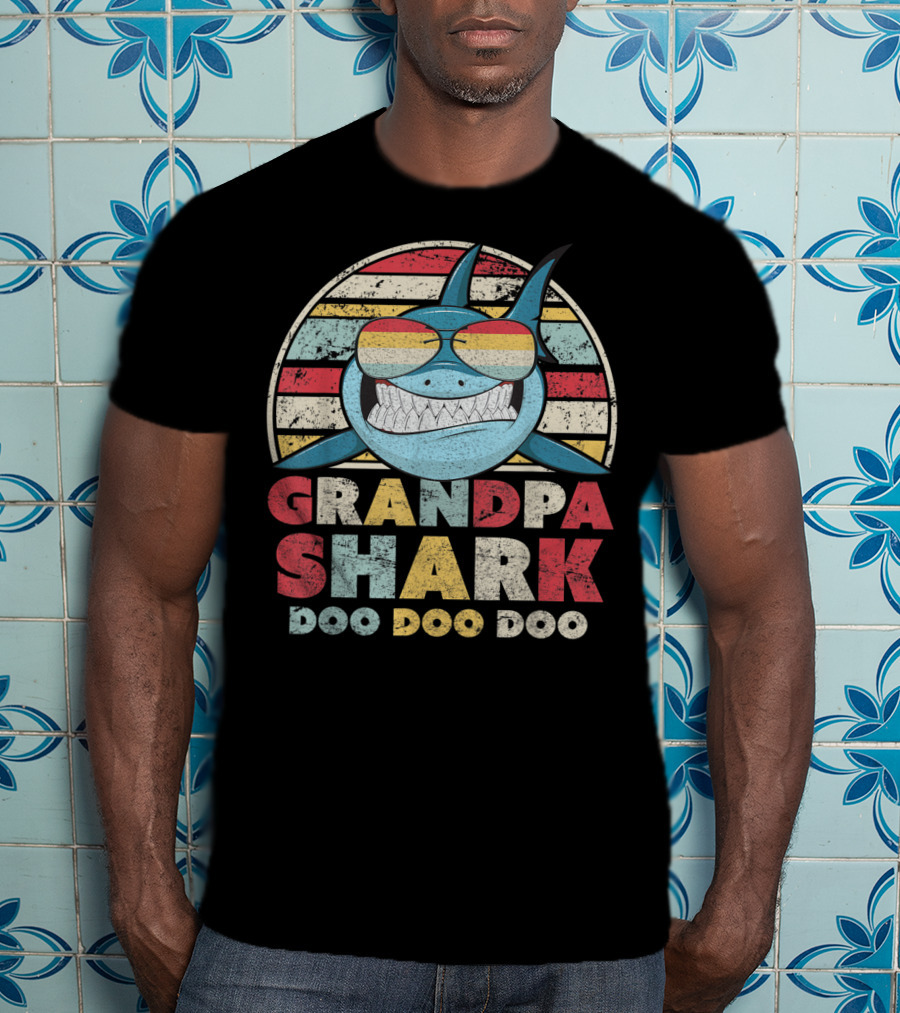 Grandpa Shark Doo Doo Doo Retro Sunglasses Stripes T-Shirt