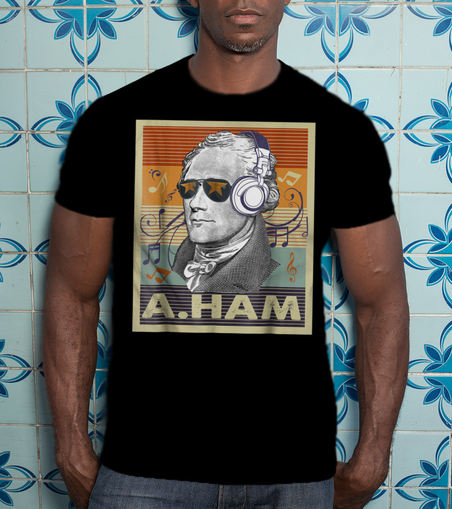 A. Ham Hamilton Headphones Music Notes Retro Vibe T-Shirt