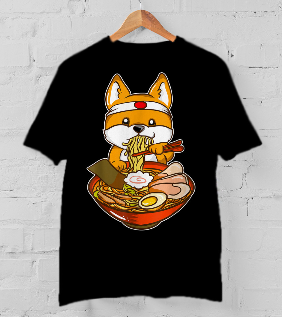 Kawaii Japanese Anime Shiba Inu Enjoying Ramen Bowl T-Shirt