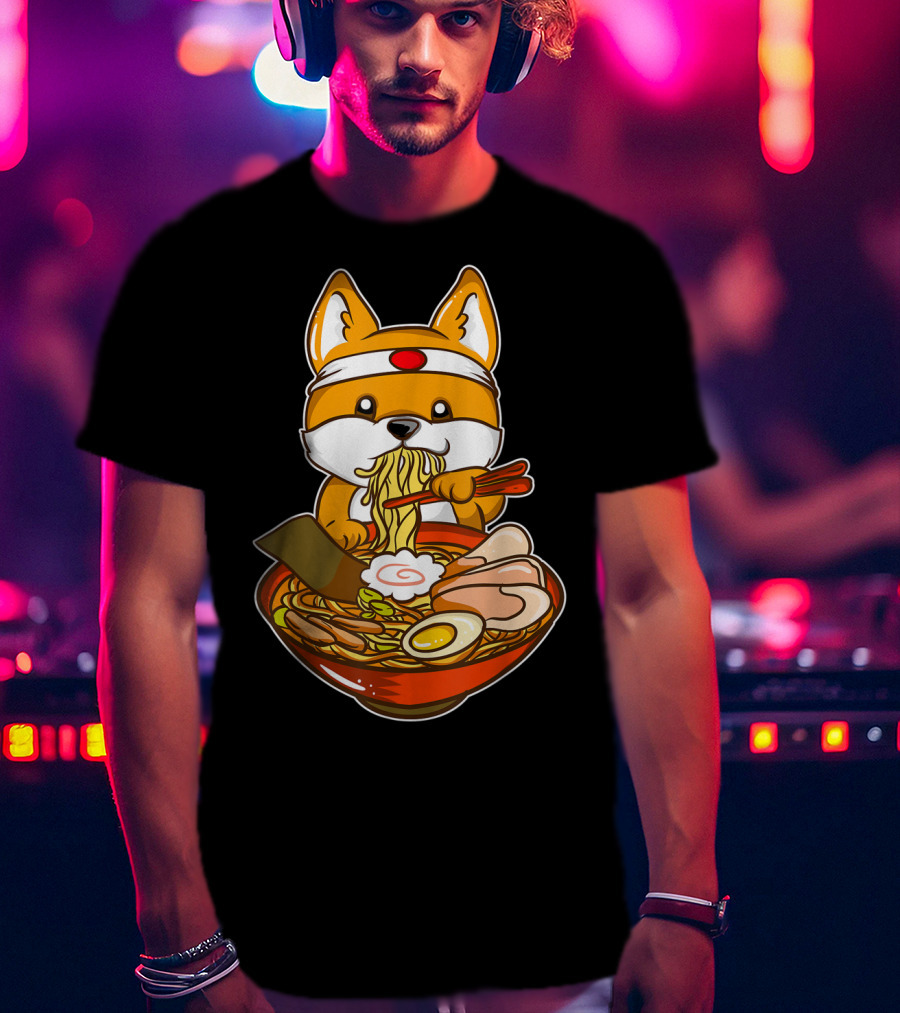 Kawaii Japanese Anime Shiba Inu Enjoying Ramen Bowl T-Shirt