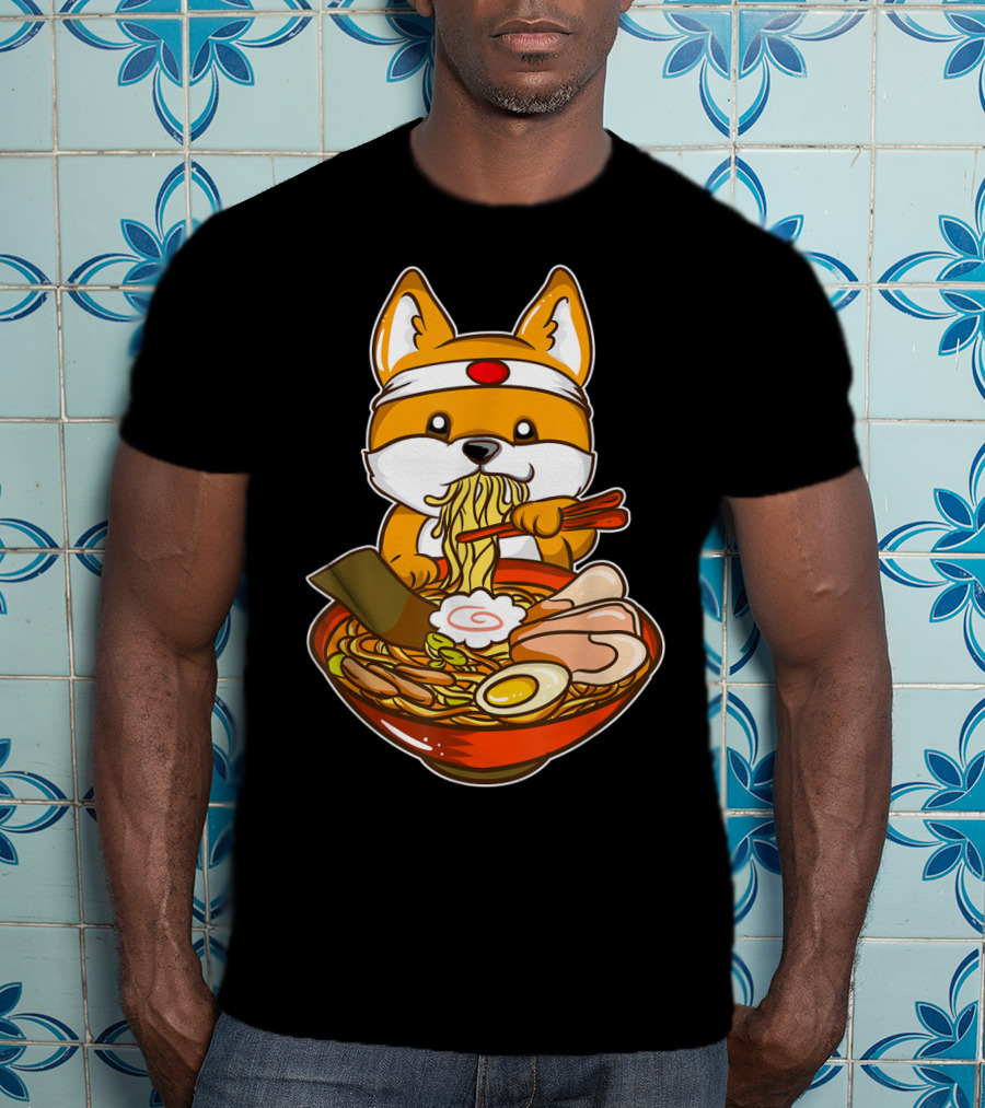 Kawaii Japanese Anime Shiba Inu Enjoying Ramen Bowl T-Shirt