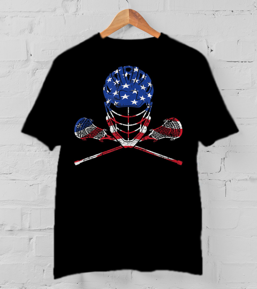 American Flag Lax Helmet And Sticks Lacrosse T-Shirt