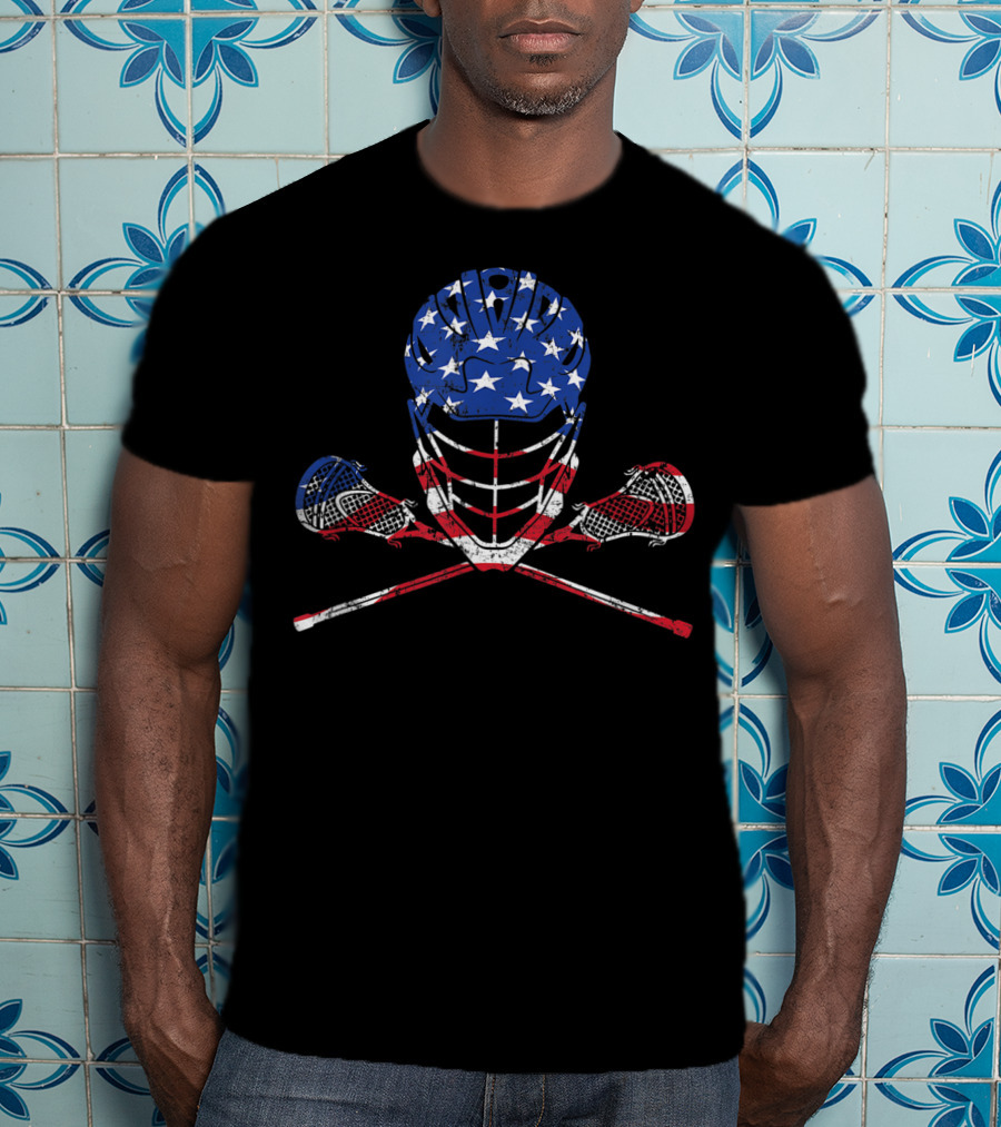 American Flag Lax Helmet And Sticks Lacrosse T-Shirt