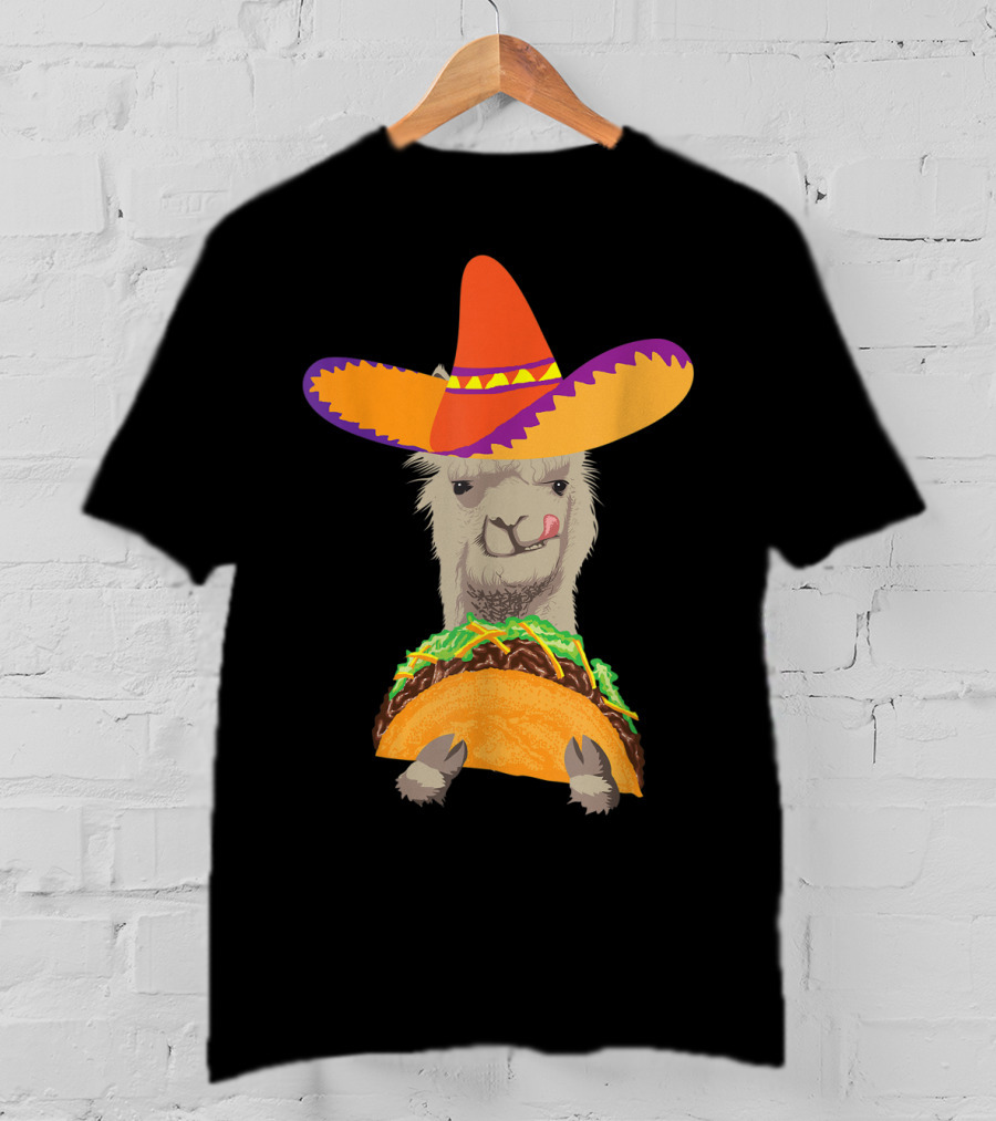 Llama Eating Taco With Sombrero Cool Mexican Alpaca T-Shirt