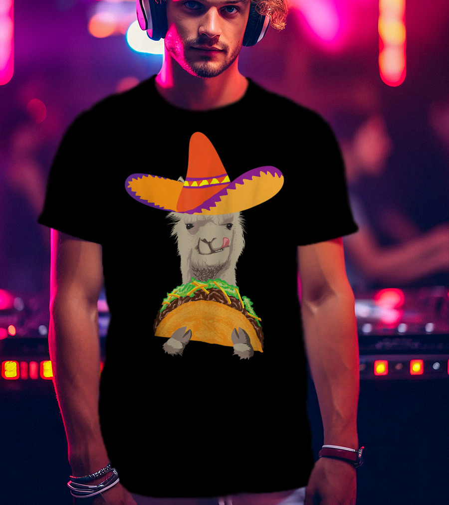 Llama Eating Taco With Sombrero Cool Mexican Alpaca T-Shirt