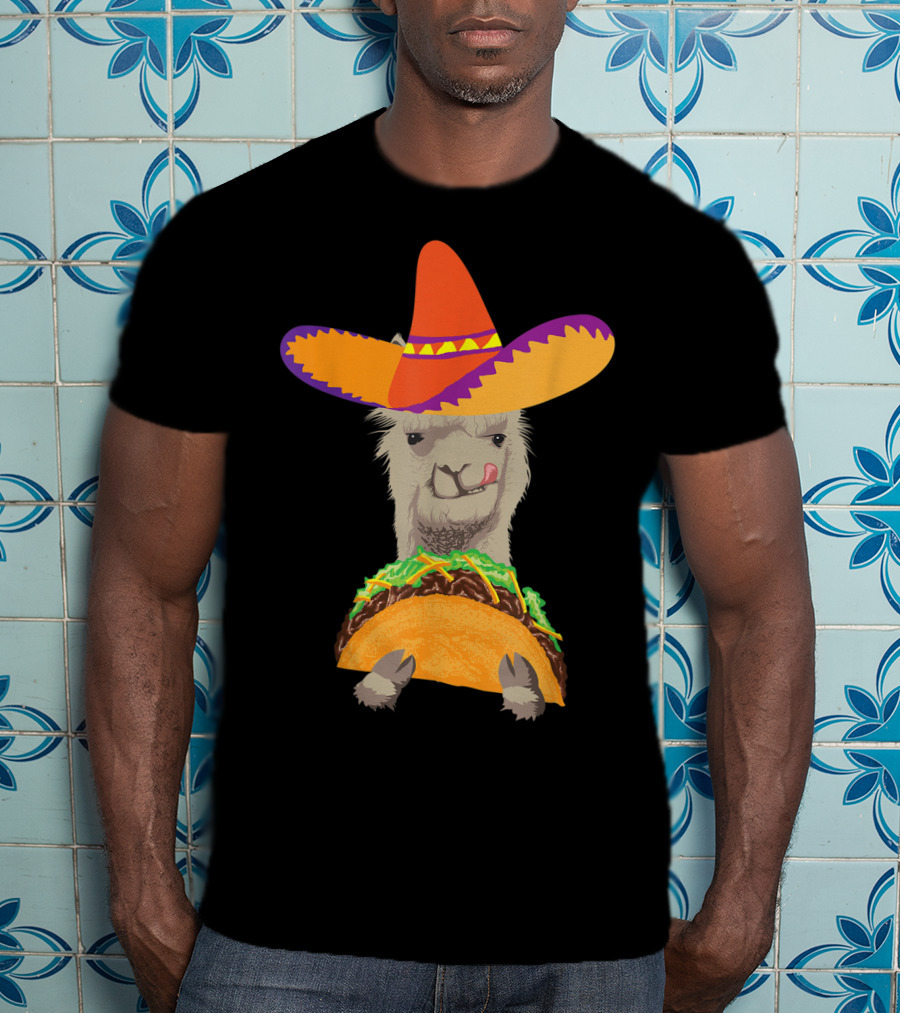Llama Eating Taco With Sombrero Cool Mexican Alpaca T-Shirt