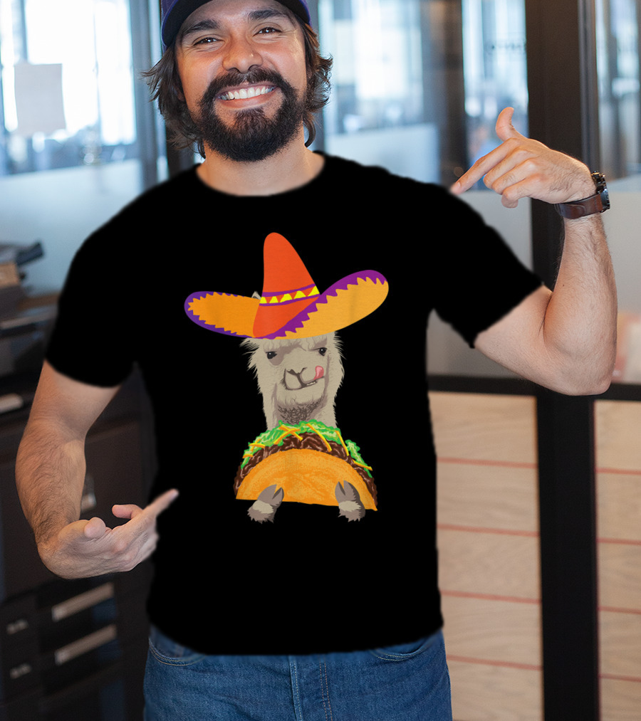 Llama Eating Taco With Sombrero Cool Mexican Alpaca T-Shirt