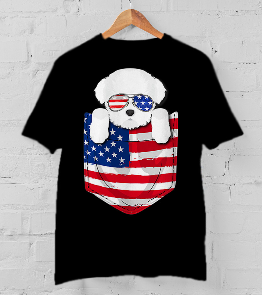 Maltese Dog Peeking Pocket American Flag Sunglasses T-Shirt